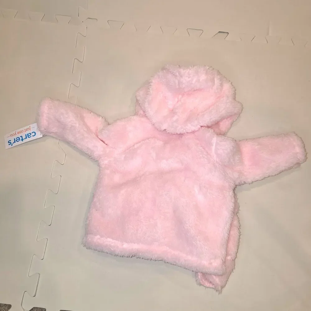 NWT Carters soft pink bear fleece zip up‎ jacket with hat and gloves sz 0-3mo